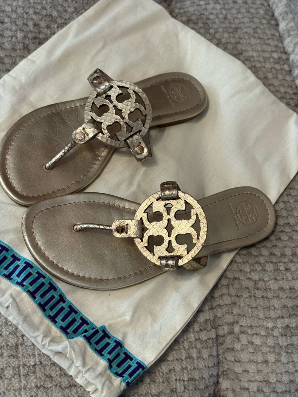 Tory Burch Gold Metallic Logo Thong Sandals